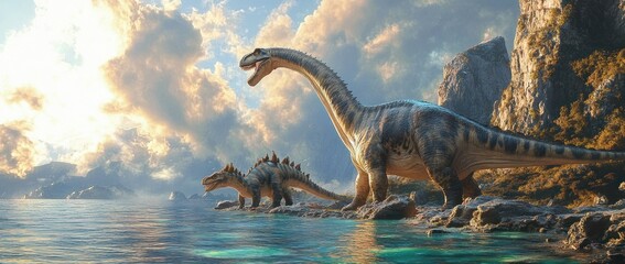 Two large dinosaurs standing on rocky shore beside calm water under a dramatic cloudy sky with sunlight breaking through, rugged cliffs in background