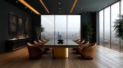 Modern corporate meeting room with large glass windows overlooking city skyline, featuring sleek black table, brown leather chairs, indoor plants and warm ceiling lights