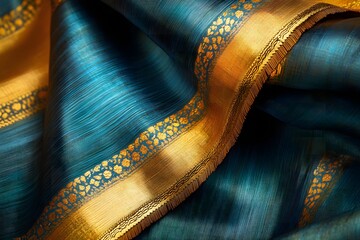 A beautiful Indian hand embroidered sari fabric with gold thread detailing and rich color draped over a wooden frame 