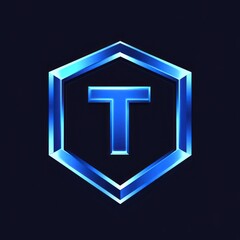 Obraz premium Shiny metallic blue hexagonal frame enclosing a bold uppercase letter T on a dark background, conveying a sleek modern and technological feeling