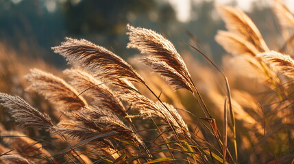 Tall golden reeds sway in the wind in a field against the backdrop of a clean summer meadow at sunset in the rays of the sun. The beauty of nature, tranquility.