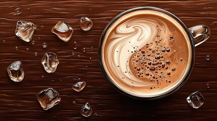 Top - down View of Iced Coffee in a Glass Mug on a Wooden Surface with Ice Cubes