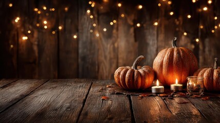 Cozy autumn evening scene with pumpkins candles and warm bokeh lights on rustic wooden background