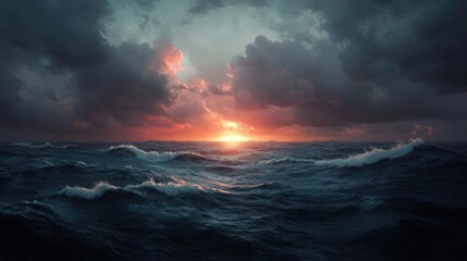 Dramatic seascape at sunset with turbulent waves and dark ominous cloudscape showcasing nature's