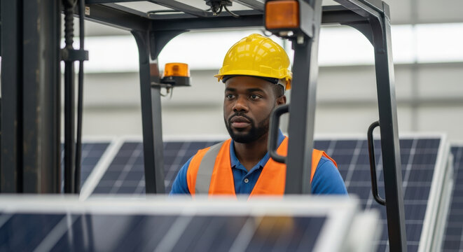 Focused male engineer wearing safety vest and helmet operates forklift while working near large modern solar panel installations inside industrial warehouse