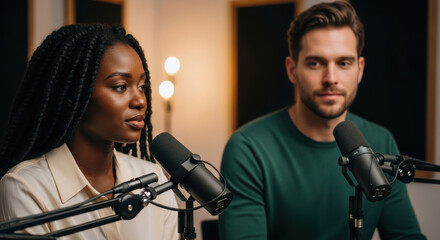 Young woman shares thoughts while co host and listeners engage during creative podcast session modern studio conversation captures dynamic exchange of ideas and diverse viewpoints