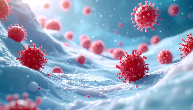 Microscopic illustration of red viral particles scattered across a light blue, textured surface, resembling a fantastical landscape