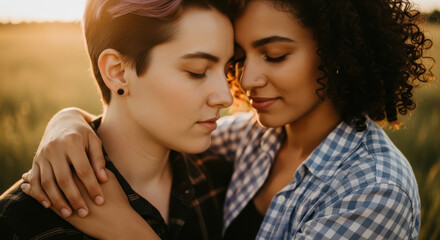 Tender loving moment between two young women embracing outdoors at sunset calm peaceful facial expressions reflect mutual affection, emotional support, and trusting relationship in warm evening light