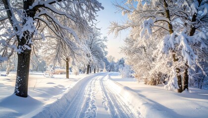 Fototapeta premium A sun-drenched winter wonderland. Snowy trees line a path through a park