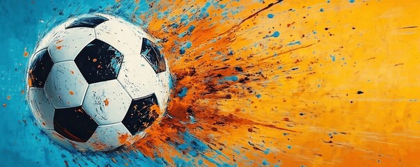 Black and white soccer ball splashing through blue and orange paint in dynamic motion
