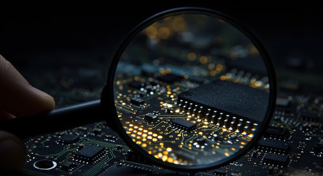 Detailed View of Magnifying Glass over Illuminated Circuit Board with Digital World Map Overlay - Powered by Adobe