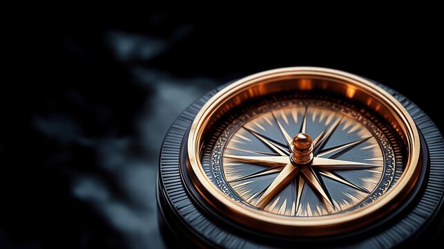 close-up of a shiny vintage brass compass with detailed directional markings on a dark blurred background, evoking a sense of exploration and navigation