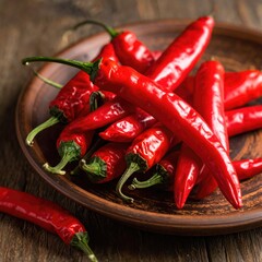 Red chili peppers piled high on a rustic plate