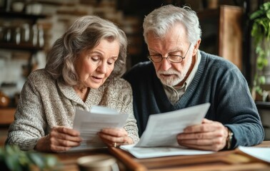 Thoughtful elderly couple sitting at a wooden table indoors closely examining paperwork together with concern and focus