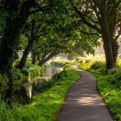 Naklejka premium A winding path beside a canal, shaded by trees