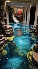 Immersive interior space featuring an artistic faux river flowing through a luxurious home decor
