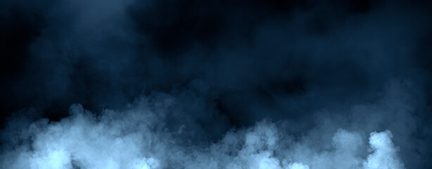 Panoramic view fire blue smoke, fog on isolated black background, creating a mysterious and backdrop, creating a dreamy, atmospheric effect for artistic