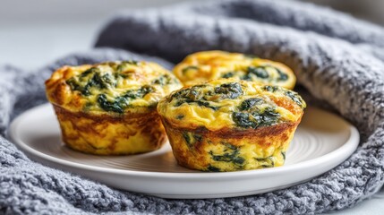 Savory Spinach and Cheese Egg Muffins on White Plate with Gray Cloth Background
