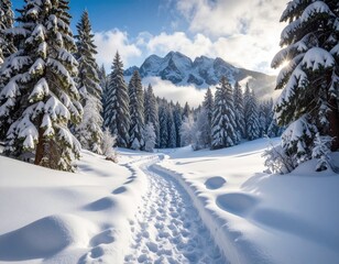 Snowy winter wonderland path through a pine forest, leading to a mountain range. Sunlight streams through the trees, illuminating the snow-covered landscape