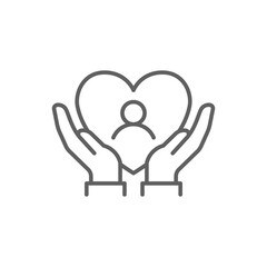 Patient care icon. Simple outline style. Hands hugging heart which sign person, safety, protect, healthcare, client, charity, message love concept. Thin line symbol. Isolated design editable stroke.