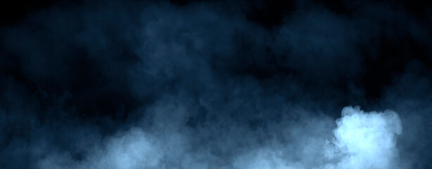 Panoramic view fire blue smoke, fog on isolated black background, creating a mysterious and backdrop, creating a dreamy, atmospheric effect for artistic