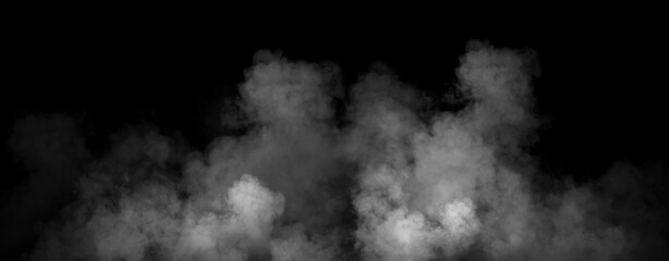 Panoramic view fire smoke, fog on isolated black background, creating a mysterious and backdrop, creating a dreamy, atmospheric effect for artistic