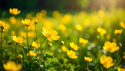 Obraz premium A vibrant field of yellow flowers bathed in sunlight