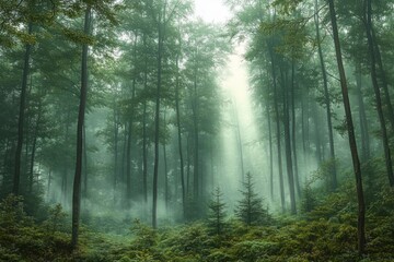 Fototapeta premium Dense green forest with tall trees and lush undergrowth illuminated by ethereal light beams piercing through morning mist