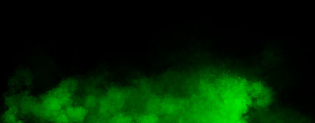 Panoramic view fire green smoke, fog on isolated black background, creating a mysterious and backdrop, creating a dreamy, atmospheric effect for artistic