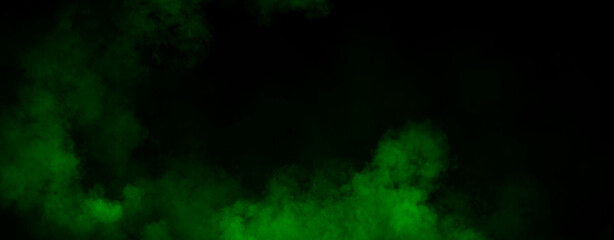 Panoramic view fire green smoke, fog on isolated black background, creating a mysterious and backdrop, creating a dreamy, atmospheric effect for artistic