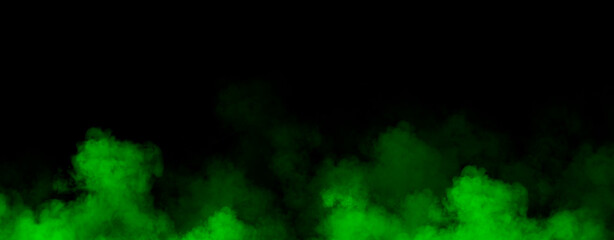 Panoramic view fire green smoke, fog on isolated black background, creating a mysterious and backdrop, creating a dreamy, atmospheric effect for artistic