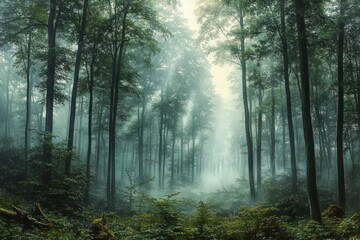 Obraz premium Misty forest with tall trees and dense green undergrowth illuminated by soft light rays creating a serene and mystical atmosphere
