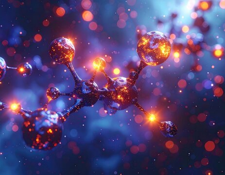 Complex molecule, glowing, vibrant. Bokeh effect, scientific, 3D render