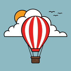 Fototapeta premium Simple vector illustration of a red and white striped hot air balloon floating in a blue sky with sun and clouds. Travel and adventure concept