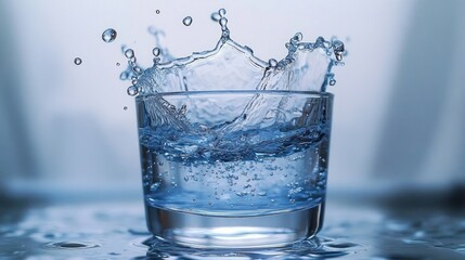 Clear glass of water with dynamic splash and droplets captured in mid-air against a blurred blue background, evoking freshness and motion