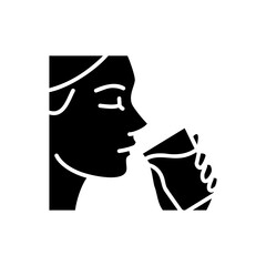 Woman drinking a glass of water icon. Simple glyph style. Drink, mouth, face, person, girl, people, hand, skin, thirst, perfect, thirsty concept. Silhouette, solid symbol. Isolated design.
