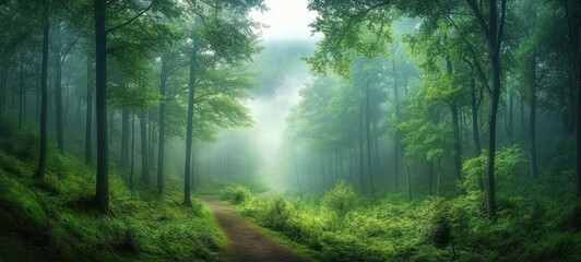 Obraz premium Serene forest with a misty atmosphere featuring tall trees, lush green foliage, and a winding dirt path disappearing into the fog