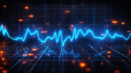 Futuristic digital grid with a bright blue fluctuating waveform and scattered orange data points creating a high-tech dynamic atmosphere