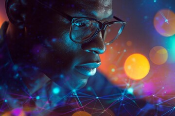 Modern productivity: a quiet moment in home office. Digital network. Portrait of a young professional deep in work at his cozy home space. Digital web. Machine learning.