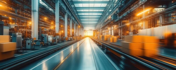 Modern large industrial warehouse interior with high ceilings, metal structures, automated conveyor belts moving cardboard packages, and warm lighting creating a dynamic atmosphere