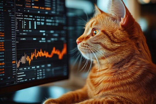 Close-up of an orange tabby cat attentively watching a computer screen displaying financial charts and data with orange and white graphs - Powered by Adobe
