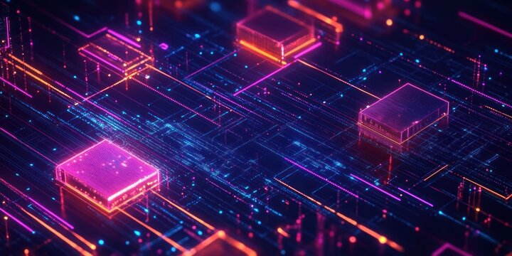 Futuristic digital network with glowing neon circuits and interconnected rectangular nodes emitting vibrant pink, orange, and blue light depicting technology and data flow