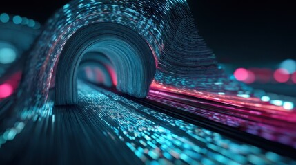 Futuristic Data Stream Abstract Tunnel with Neon Lights in Dark Environment