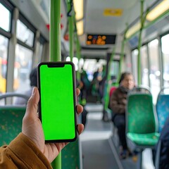 Hand holding a phone with a green screen inside a bus