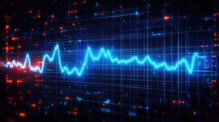 Blue glowing digital waveform with peaks and troughs on a grid background with scattered orange and blue light particles conveying technology and data visualization