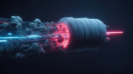 Futuristic Data Storage Device with Neon Lights and Cloud Particles in Dark Background