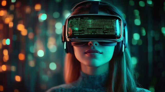 Young woman wearing virtual reality headset with futuristic digital display and glowing data streams on abstract colorful background