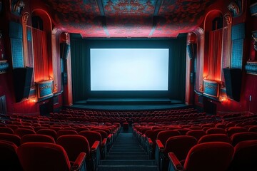 Empty vintage movie theater with ornate decorations, red velvet seats, and a large blank screen ready for a film screening