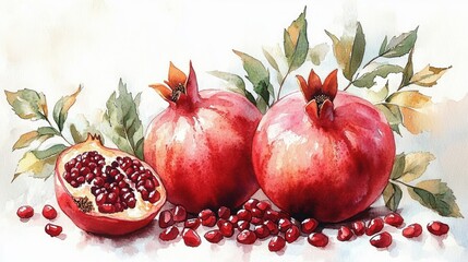 Watercolor painting of two whole pomegranates and a halved pomegranate with scattered seeds and leafy branches on a light background