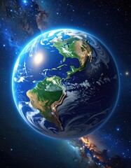 Obraz premium Earth from space, vibrant blue and green globe, highlighted continents. Cosmic backdrop